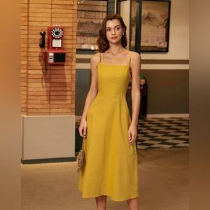 Rihoas Yellow Square Neck Shirred Slip Midi Dress